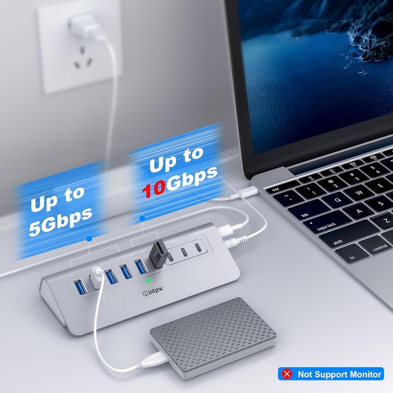 intpw Powered USB Hub 10Gbps, 9-Port USB 3.2 Hub, USB C Hub with USB A/USB C 3.2, 4 USB 3.0, 2 PD 45W Charging Ports, 65W Power Adapter and 3.3FT Cable, Aluminum USB Hub for Laptop, iPhone 17/16/15，PC - Image 3